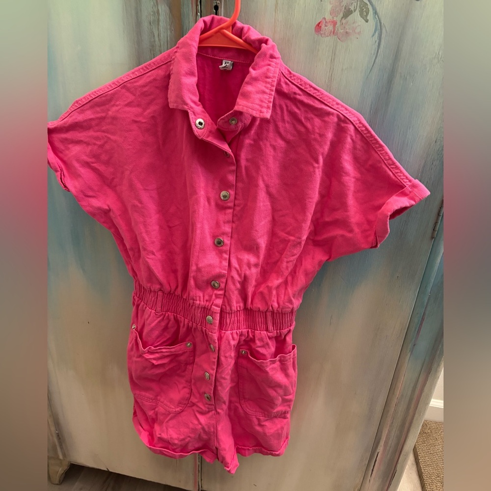 Hot Pink Button-Front Romper with Elastic Waist